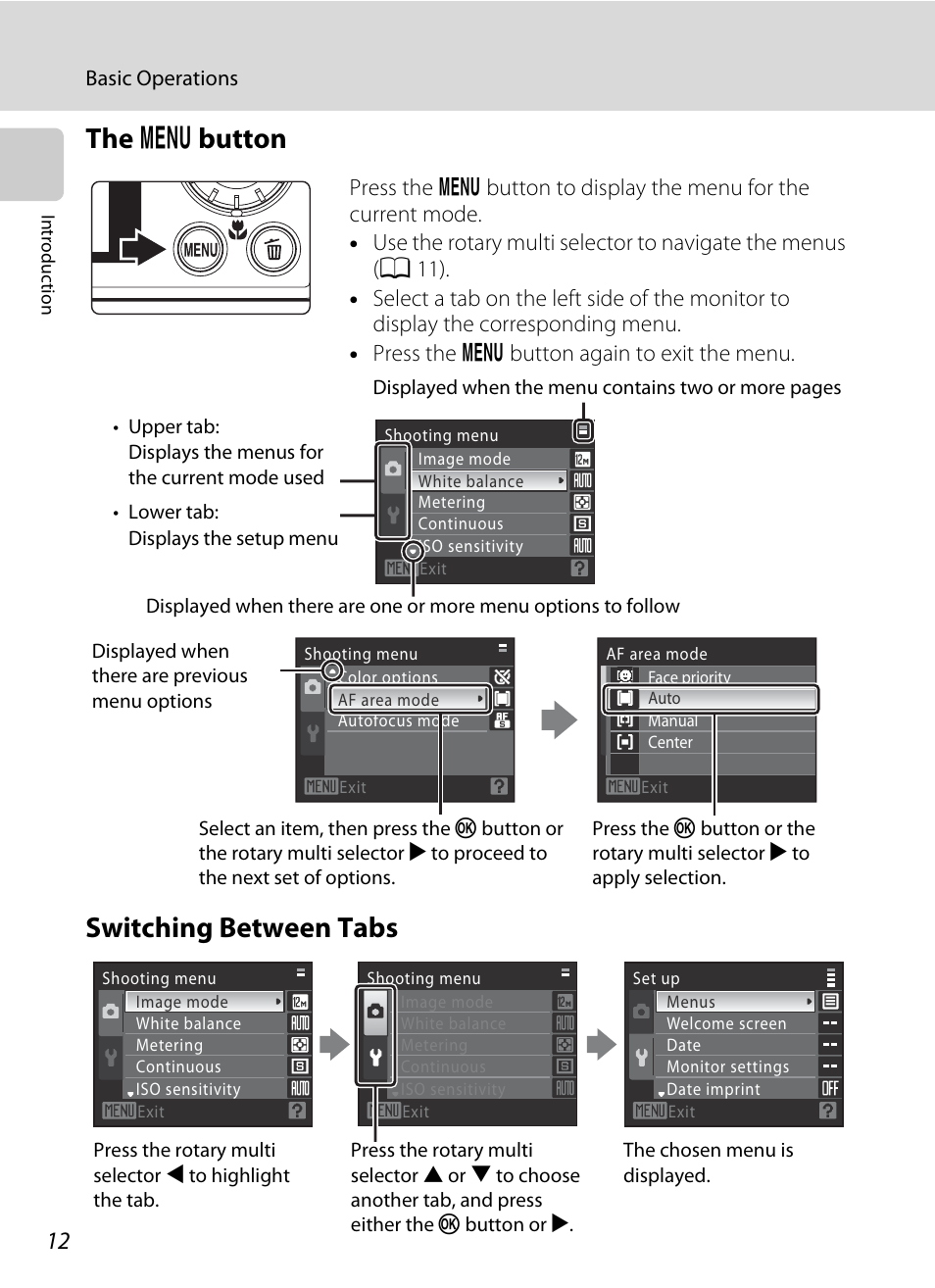 The menu button, Switching between tabs, D button | The d button switching between tabs | Nikon Coolpix S640 User Manual | Page 24 / 176