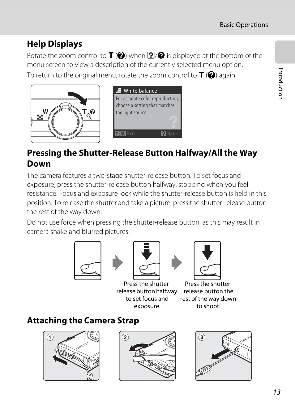 Help displays, Attaching the camera strap | Nikon Coolpix S640 User Manual | Page 25 / 176