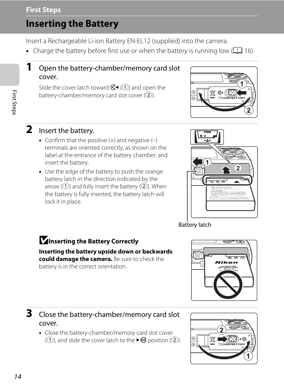 First steps, Inserting the battery | Nikon Coolpix S640 User Manual | Page 26 / 176