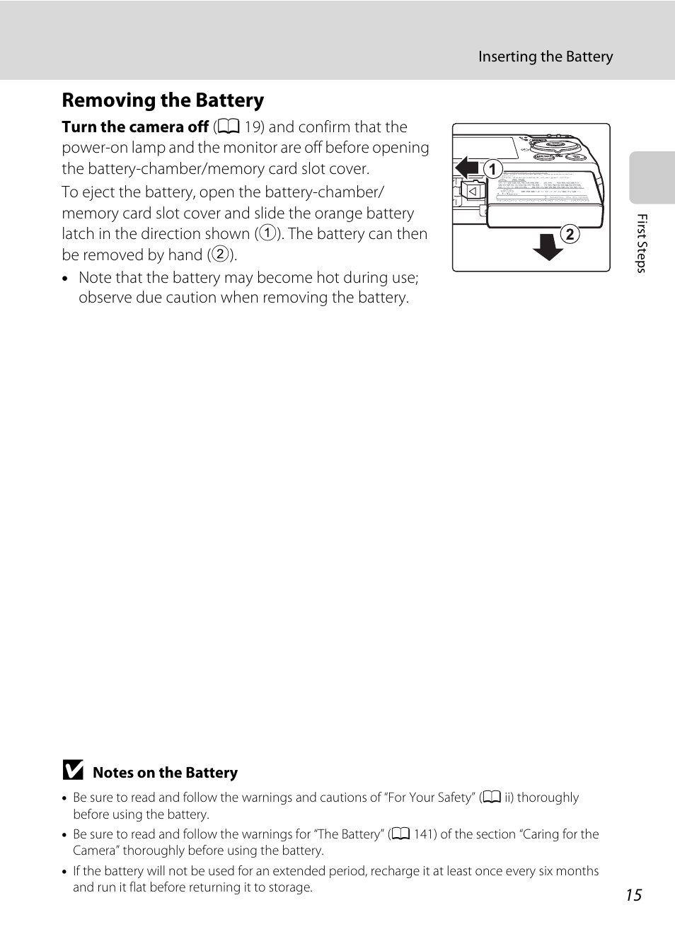 Removing the battery | Nikon Coolpix S640 User Manual | Page 27 / 176