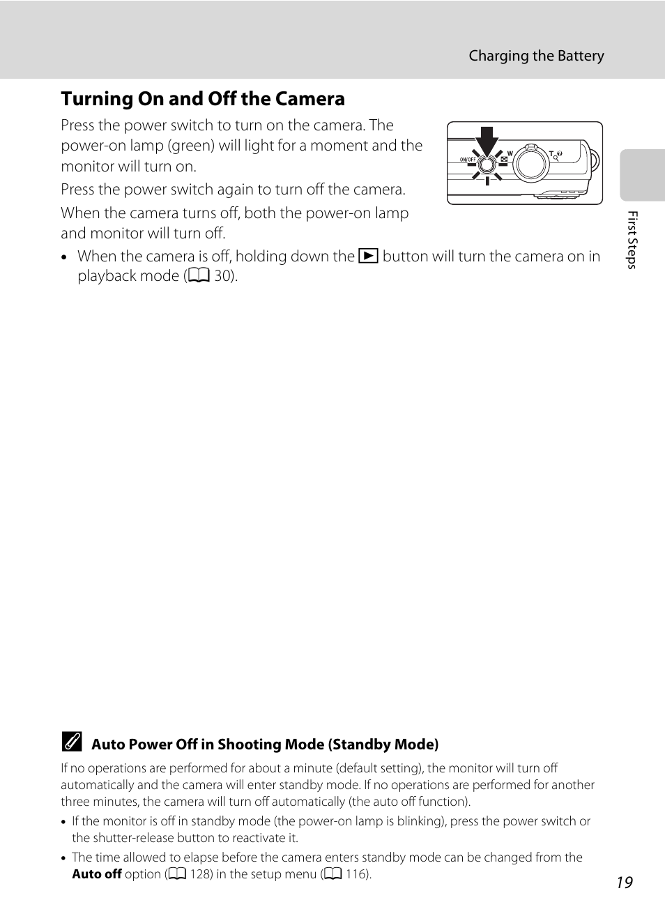 Turning on and off the camera, A 19) | Nikon Coolpix S640 User Manual | Page 31 / 176