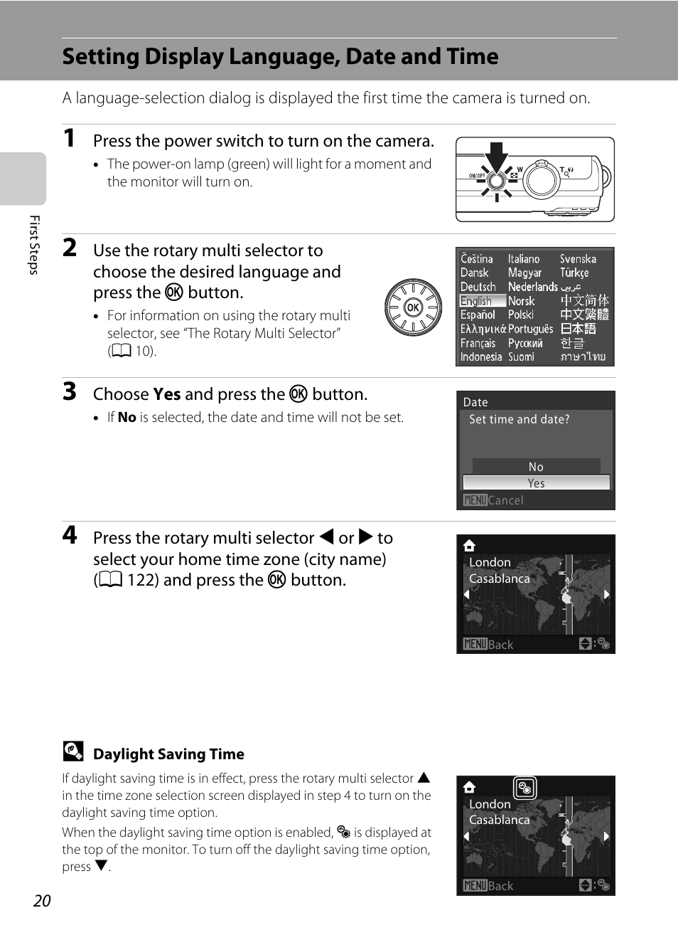Setting display language, date and time | Nikon Coolpix S640 User Manual | Page 32 / 176