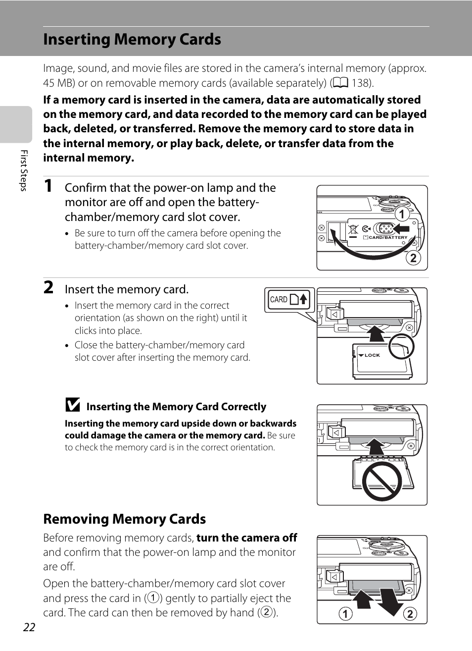 Inserting memory cards, Removing memory cards | Nikon Coolpix S640 User Manual | Page 34 / 176