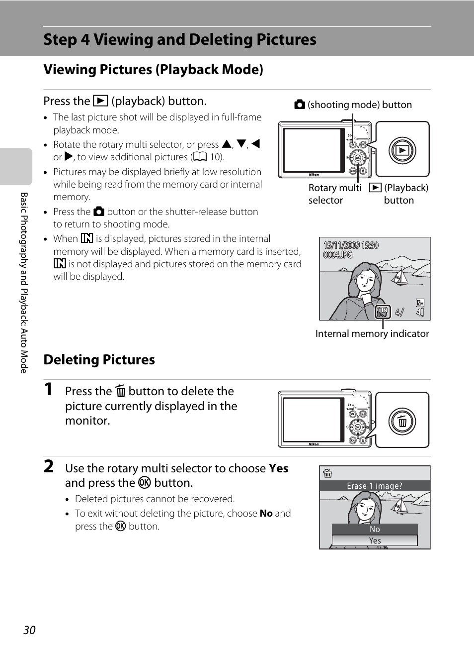Step 4 viewing and deleting pictures, Viewing pictures (playback mode), Deleting pictures | Viewing pictures (playback mode) deleting pictures, De (a 30), Ck mode, A 30) | Nikon Coolpix S640 User Manual | Page 42 / 176