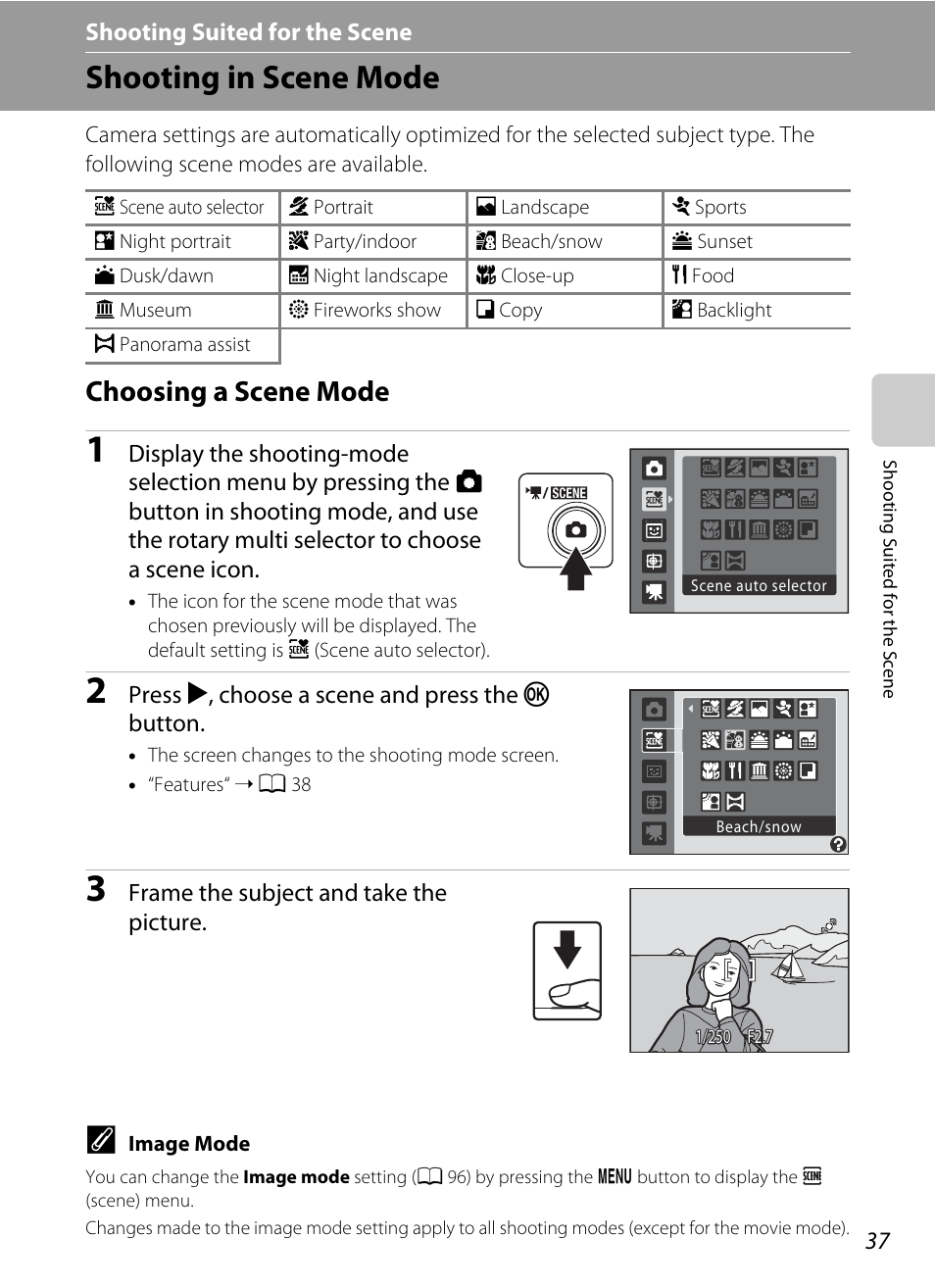 Shooting suited for the scene, Shooting in scene mode, Choosing a scene mode | A 37) | Nikon Coolpix S640 User Manual | Page 49 / 176