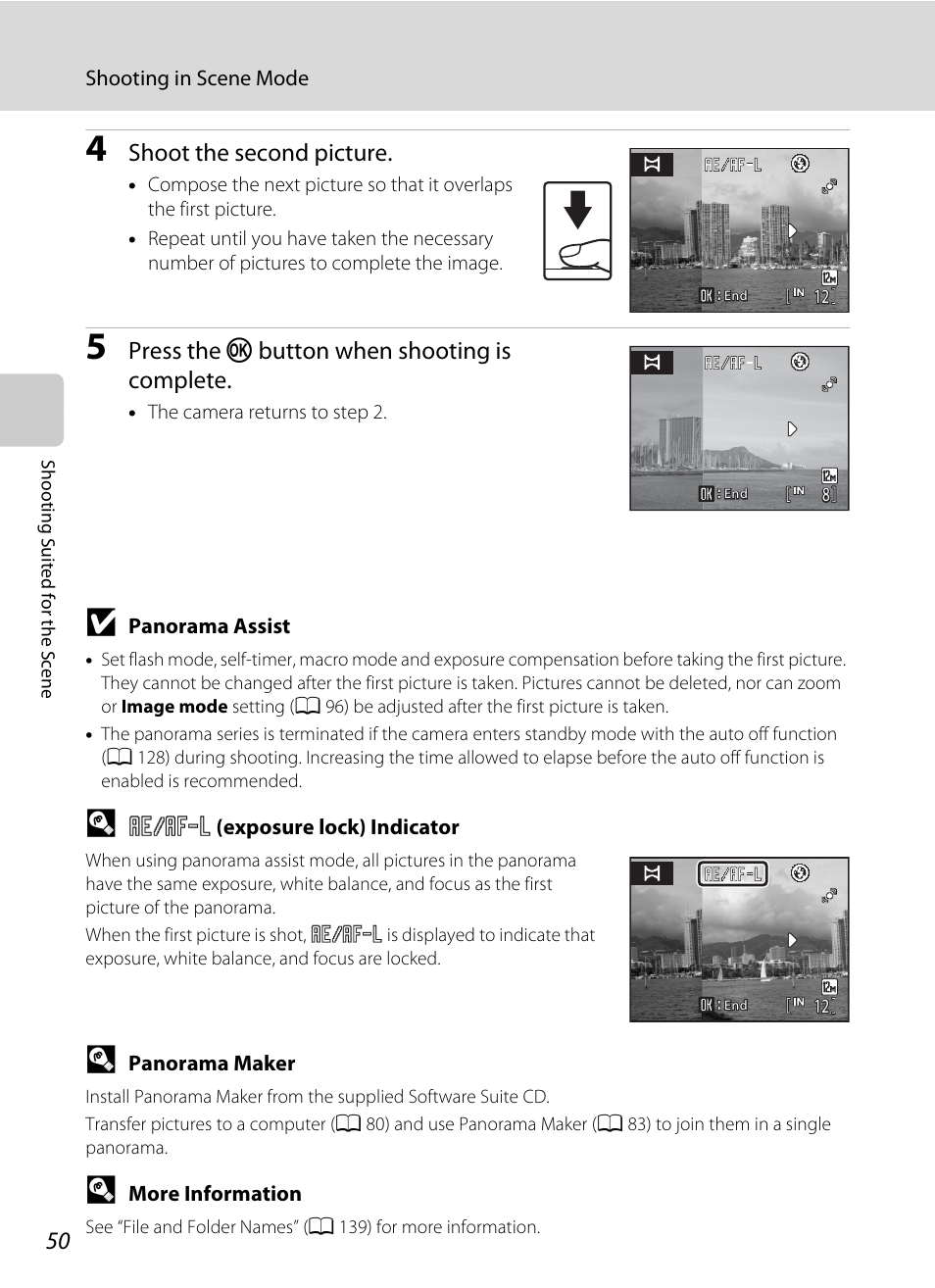 Shoot the second picture, Press the k button when shooting is complete | Nikon Coolpix S640 User Manual | Page 62 / 176