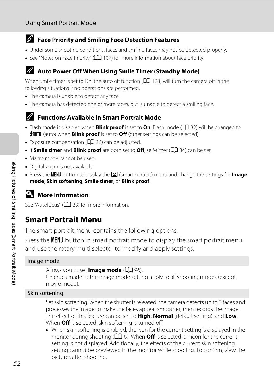 Smart portrait menu, A 52) | Nikon Coolpix S640 User Manual | Page 64 / 176