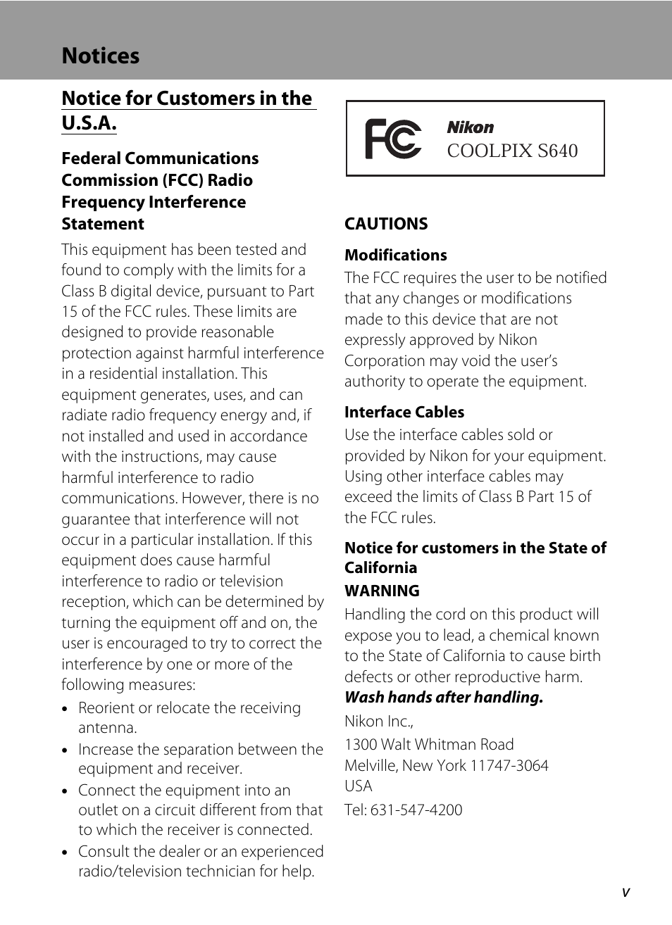 Notices, Notice for customers in the u.s.a | Nikon Coolpix S640 User Manual | Page 7 / 176