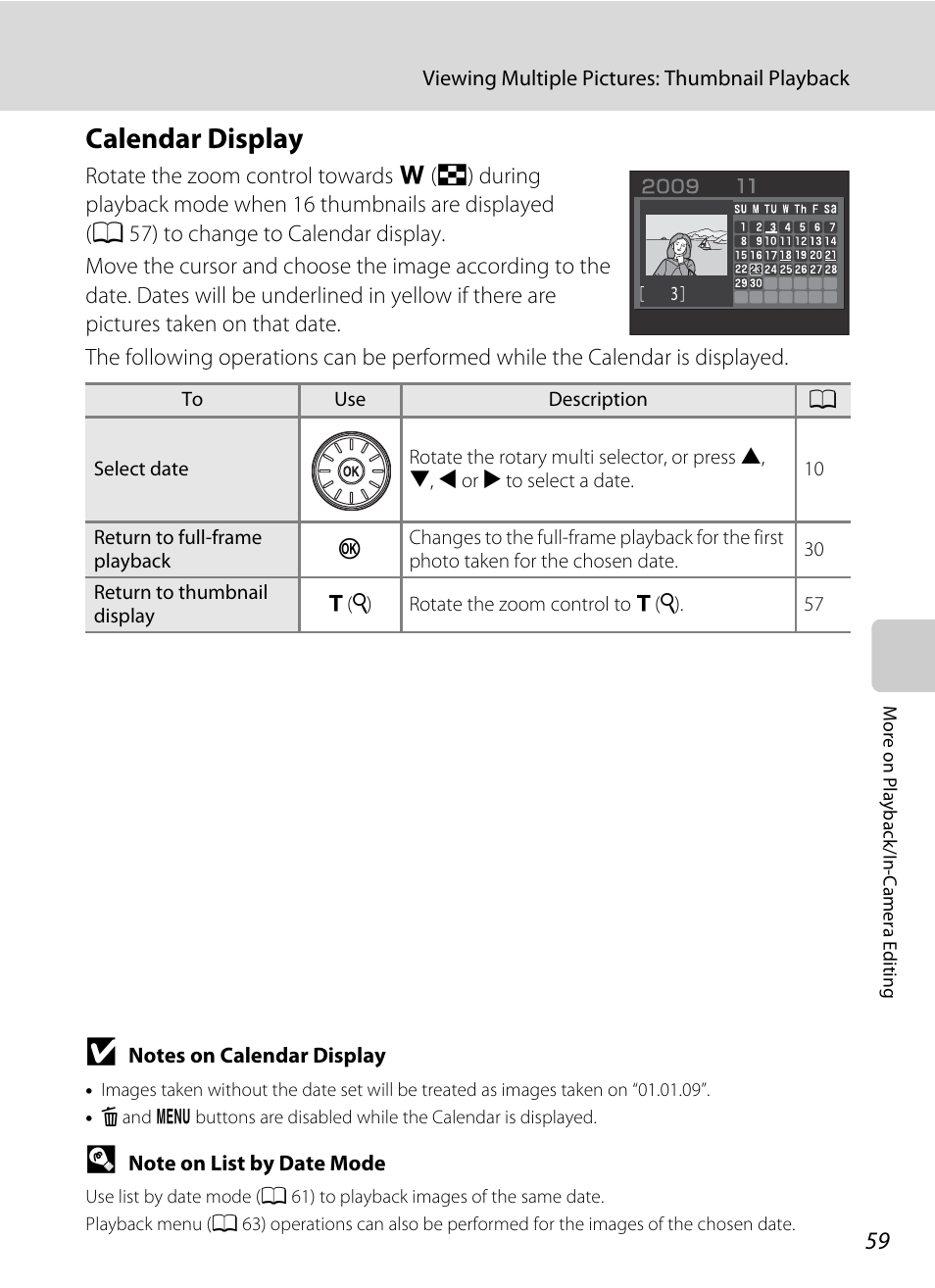 Calendar display, A 59) | Nikon Coolpix S640 User Manual | Page 71 / 176