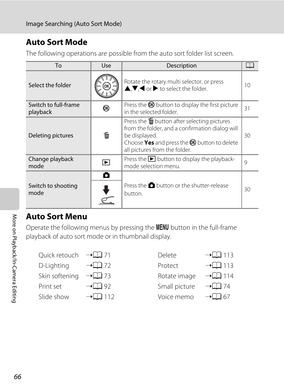Auto sort mode, Auto sort menu, Auto sort mode auto sort menu | A 66) | Nikon Coolpix S640 User Manual | Page 78 / 176