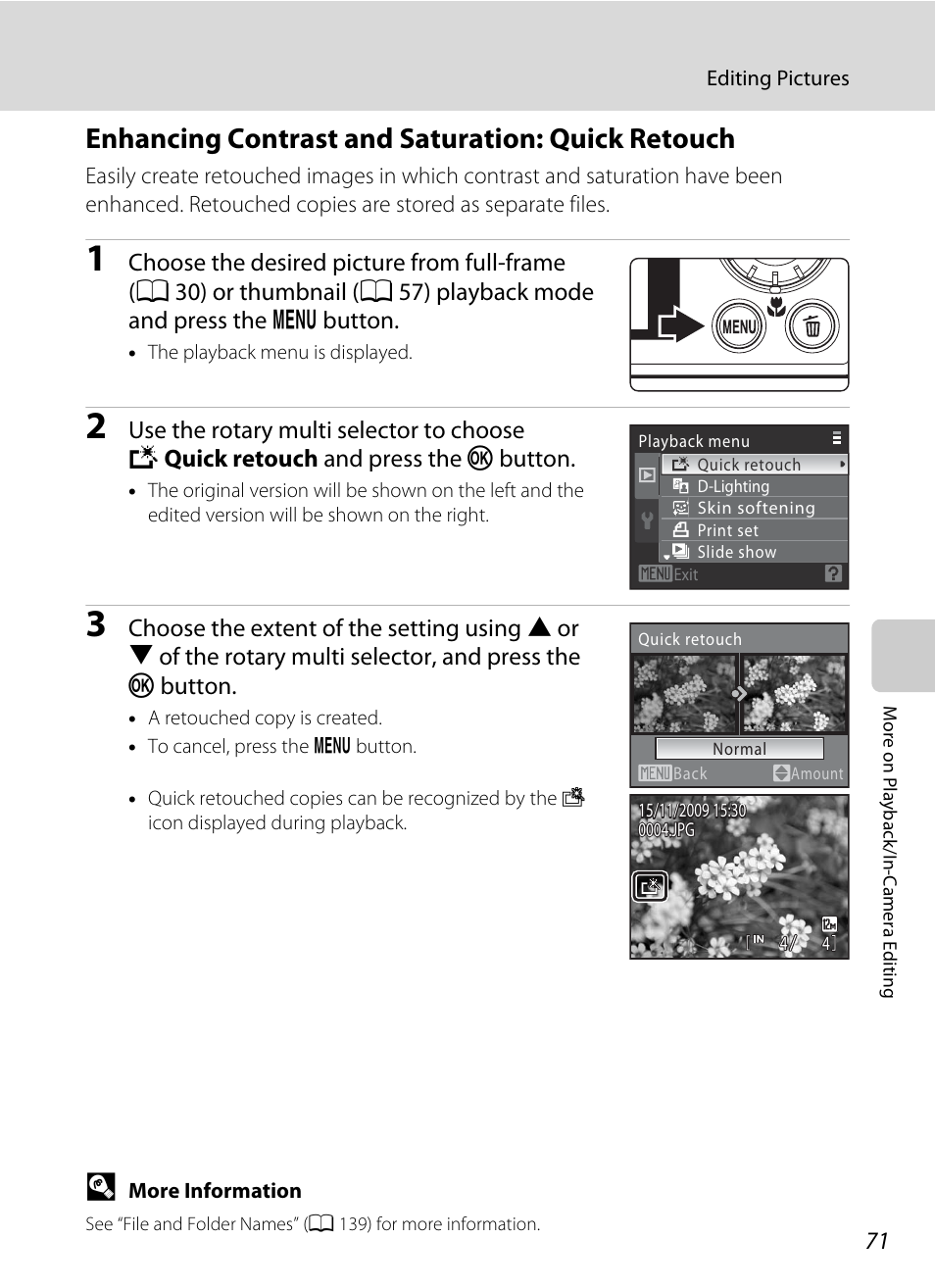 Enhancing contrast and saturation: quick retouch, A 71, A 71) | Nikon Coolpix S640 User Manual | Page 83 / 176