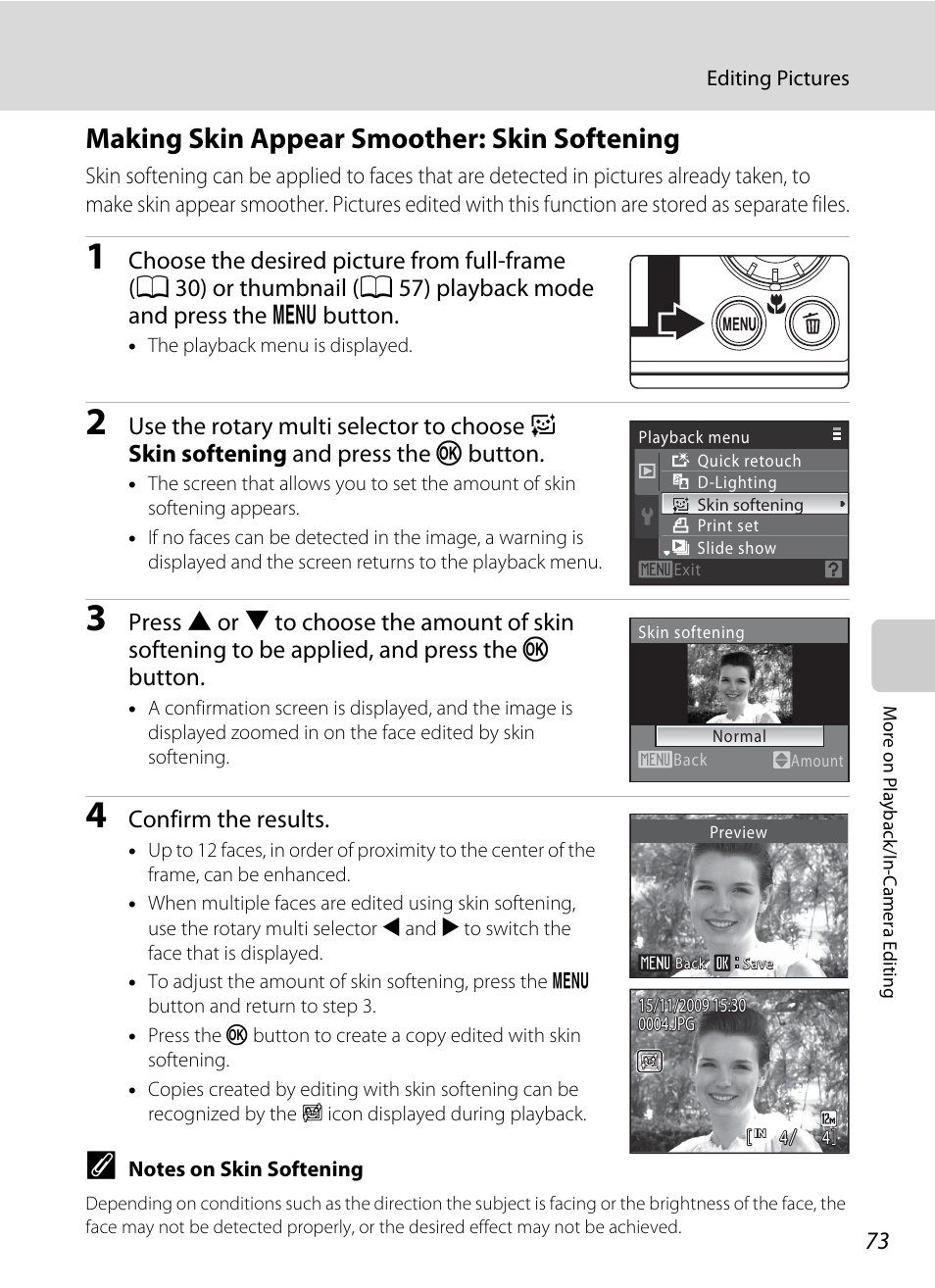 Making skin appear smoother: skin softening, A 73), A 73 | Nikon Coolpix S640 User Manual | Page 85 / 176