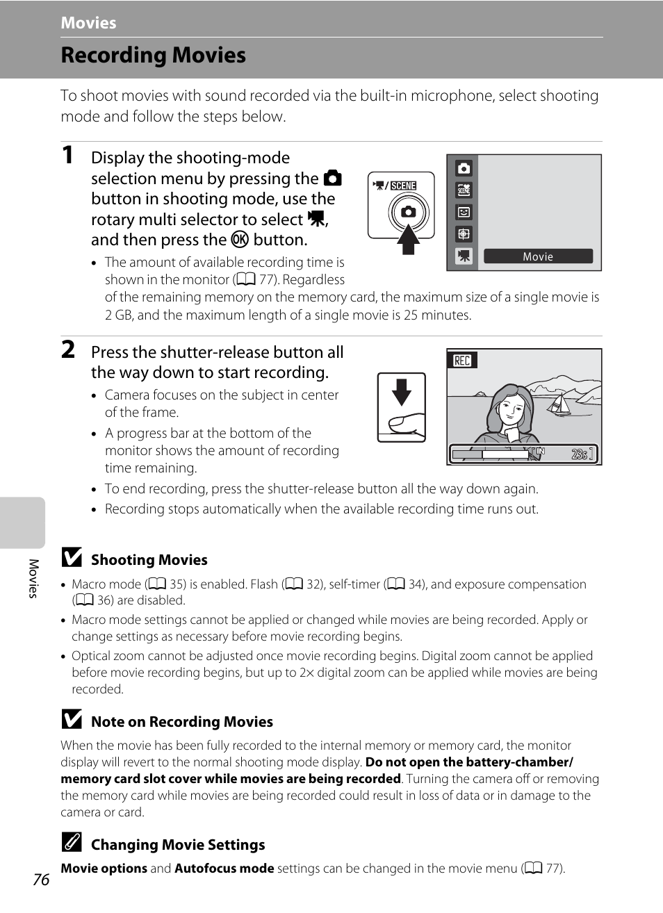 Movies, Recording movies, A 76 | A 76) | Nikon Coolpix S640 User Manual | Page 88 / 176