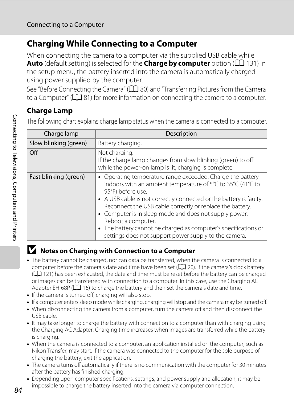 Charging while connecting to a computer, Charge lamp | Nikon Coolpix S640 User Manual | Page 96 / 176