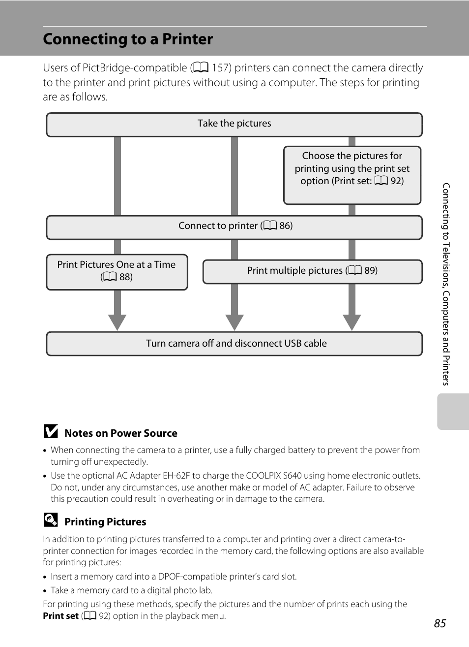 Connecting to a printer | Nikon Coolpix S640 User Manual | Page 97 / 176