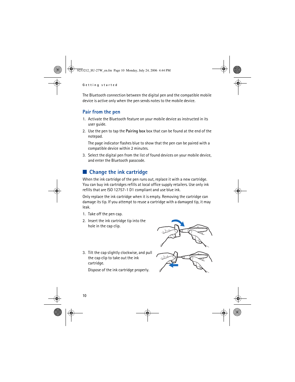 Change the ink cartridge | Nikon Nokia Digital Pen SU-27W User Manual | Page 10 / 18