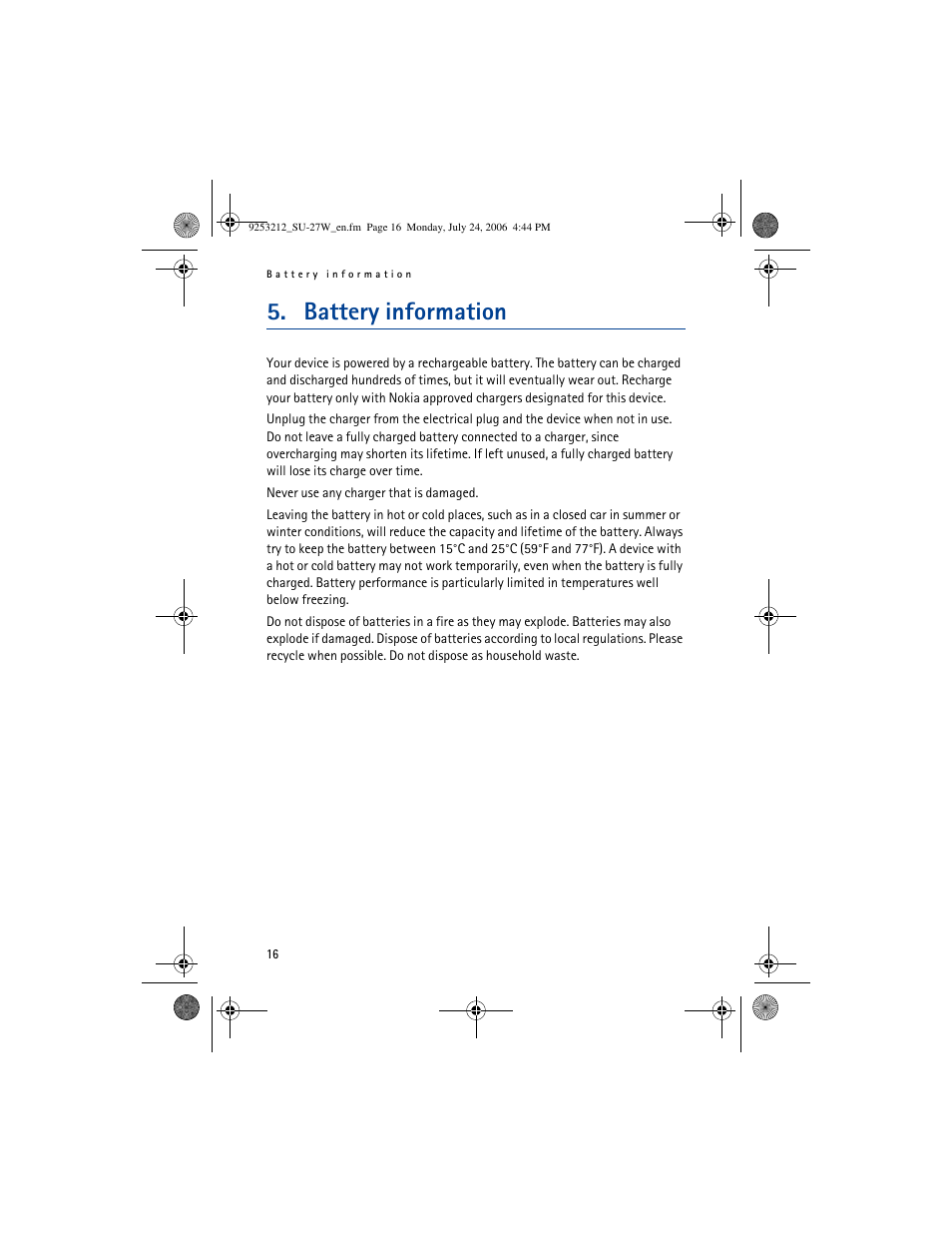 Battery information | Nikon Nokia Digital Pen SU-27W User Manual | Page 16 / 18