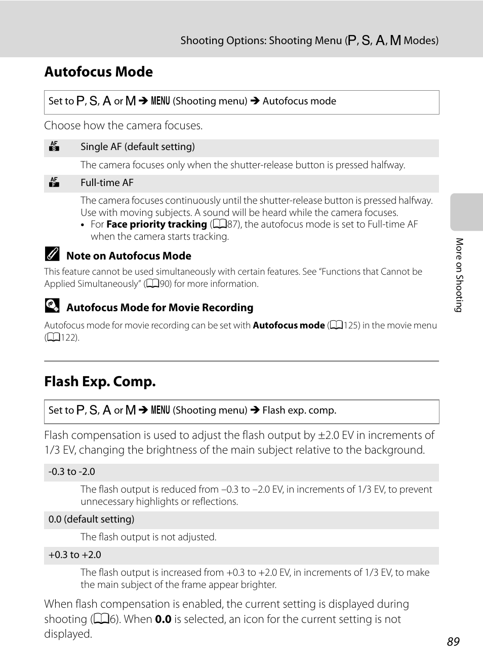 Autofocus mode, Flash exp. comp, Autofocus mode flash exp. comp | Nikon Coolpix P300 User Manual | Page 101 / 200