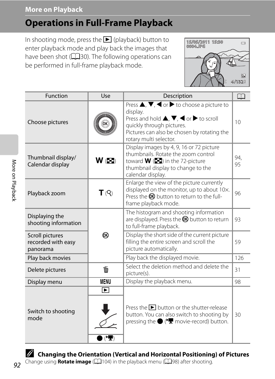 More on playback, Operations in full-frame playback, E “more on playback | A92) | Nikon Coolpix P300 User Manual | Page 104 / 200