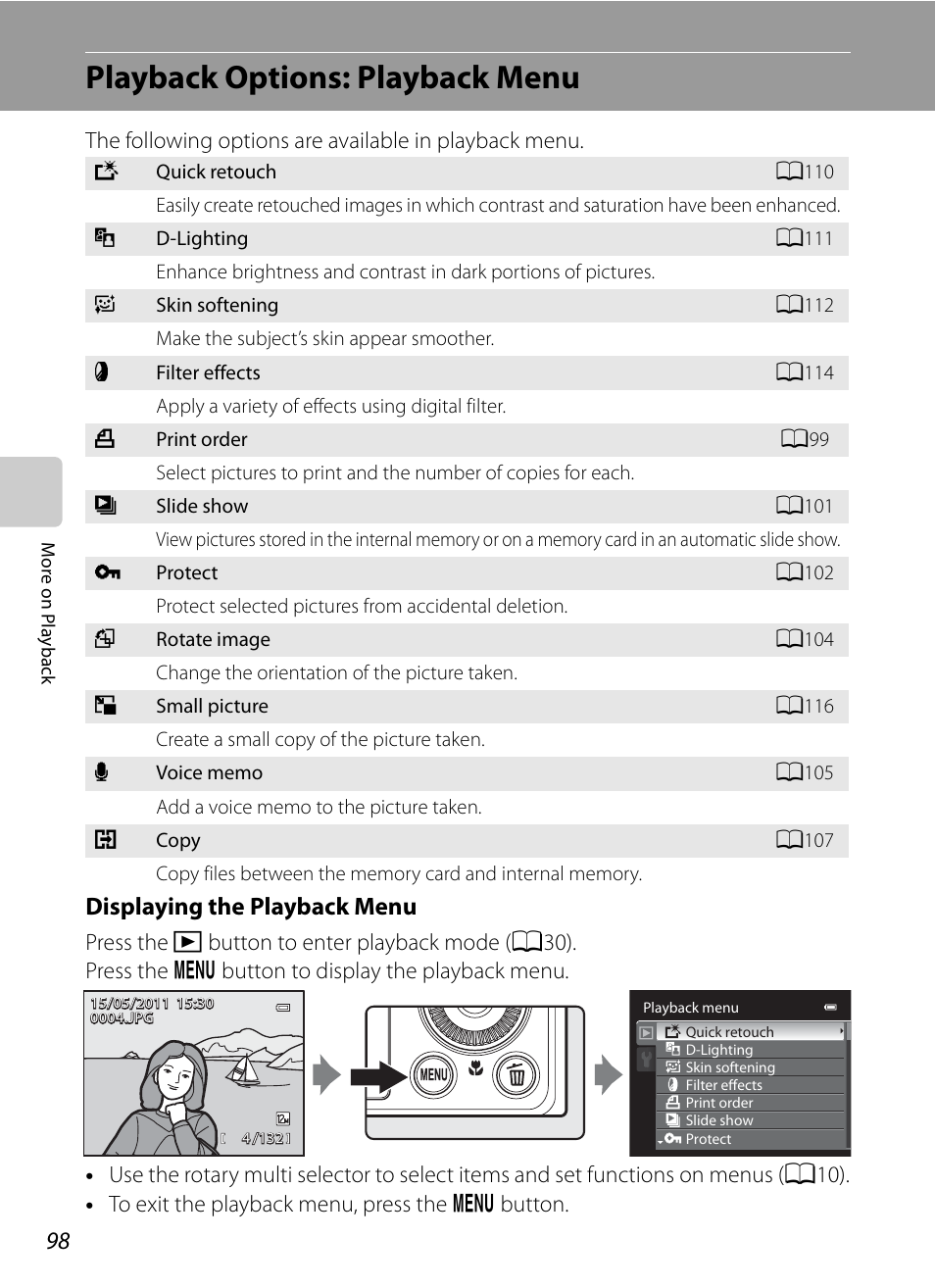 Playback options: playback menu, Ayback menu (a98), Displaying the playback menu | Nikon Coolpix P300 User Manual | Page 110 / 200