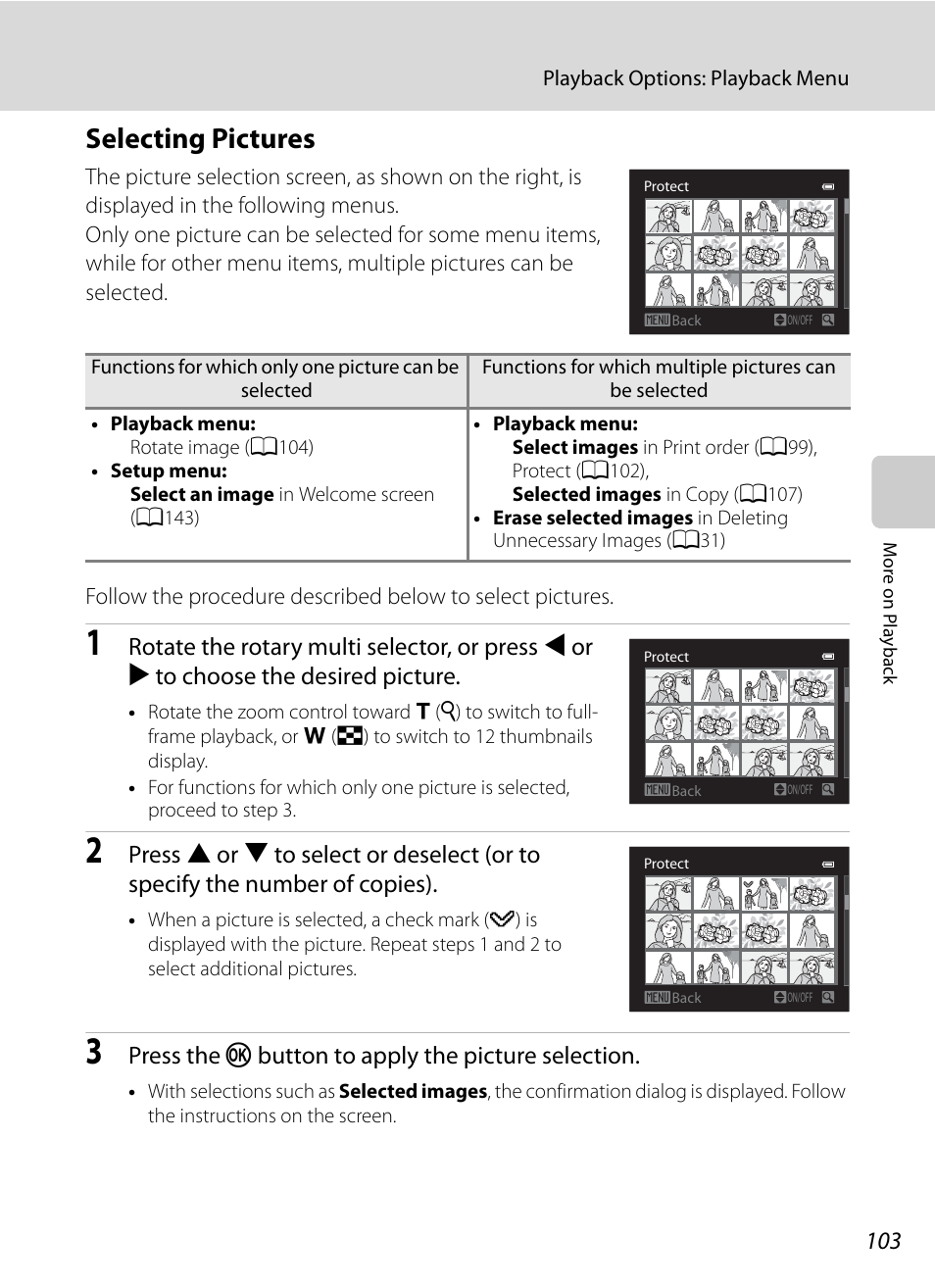 Selecting pictures, A103) f, Press the k button to apply the picture selection | Nikon Coolpix P300 User Manual | Page 115 / 200