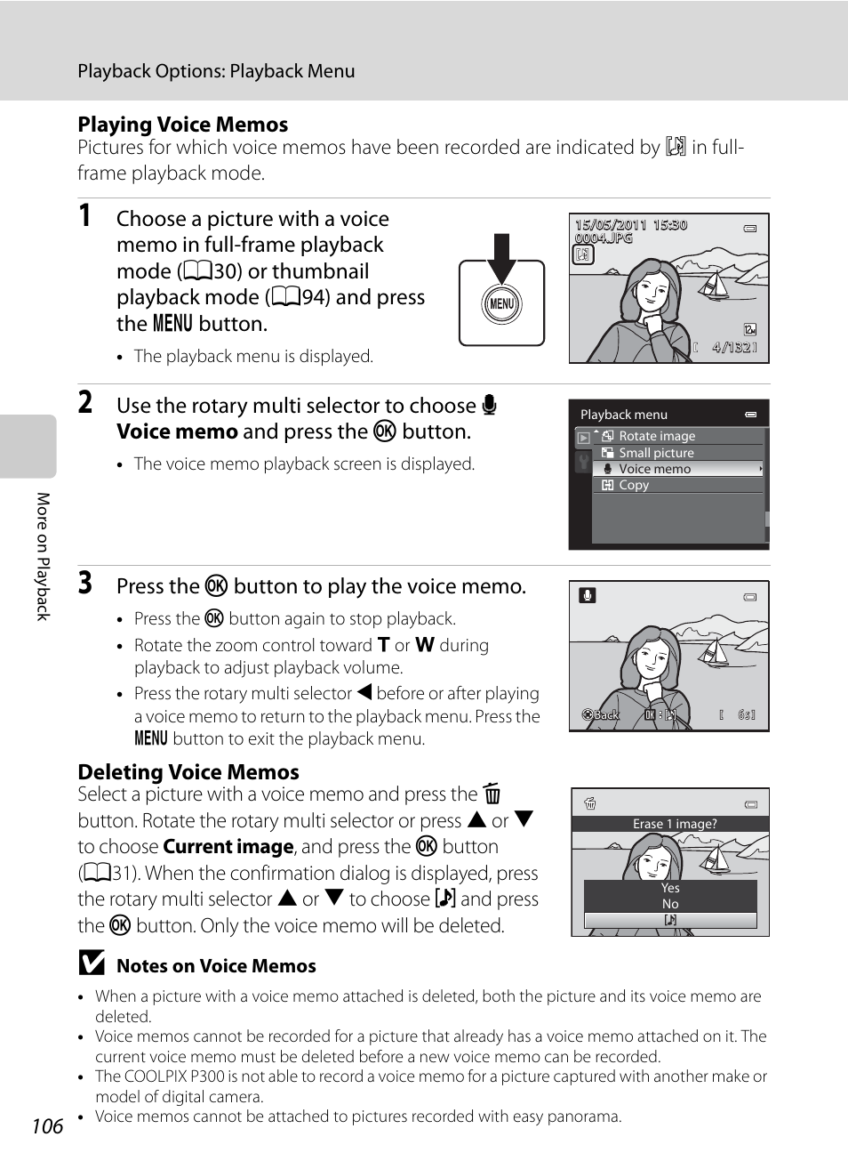 A106) is delet, Playing voice memos, A106) | Nikon Coolpix P300 User Manual | Page 118 / 200