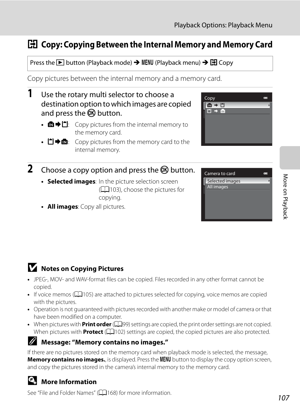 A107, A107), Choose a copy option and press the k button | Nikon Coolpix P300 User Manual | Page 119 / 200
