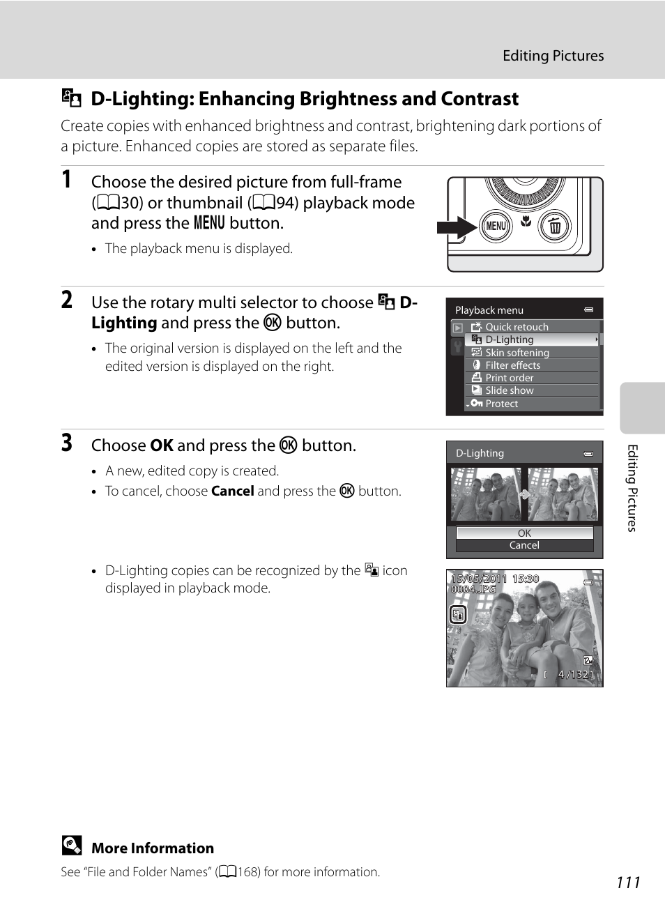 D-lighting: enhancing brightness and contrast, I d-lighting: enhancing brightness and contrast, A111 | A111), Choose ok and press the k button | Nikon Coolpix P300 User Manual | Page 123 / 200