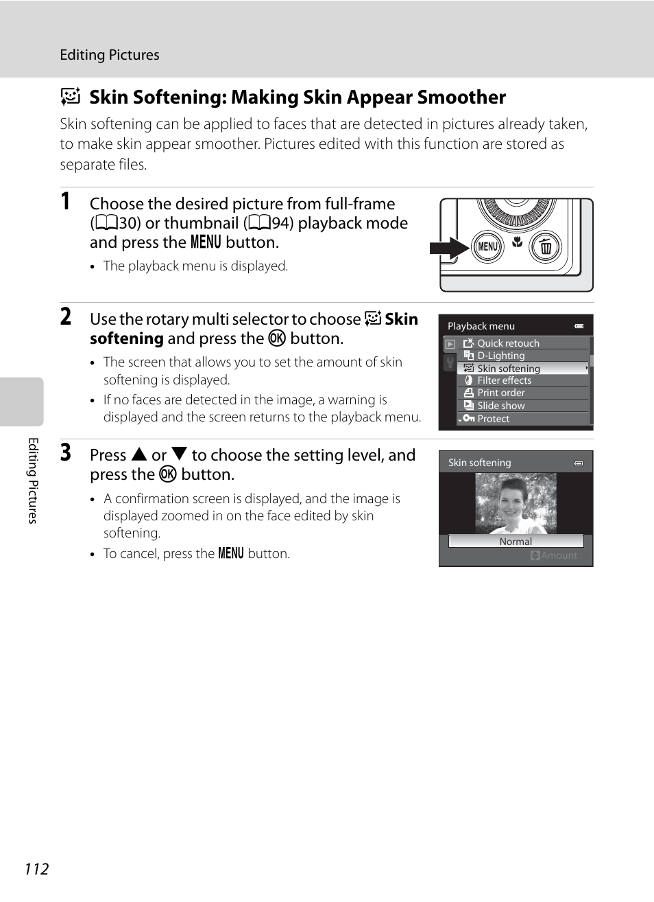 Skin softening: making skin appear smoother, E skin softening: making skin appear smoother, A112) | A112 | Nikon Coolpix P300 User Manual | Page 124 / 200