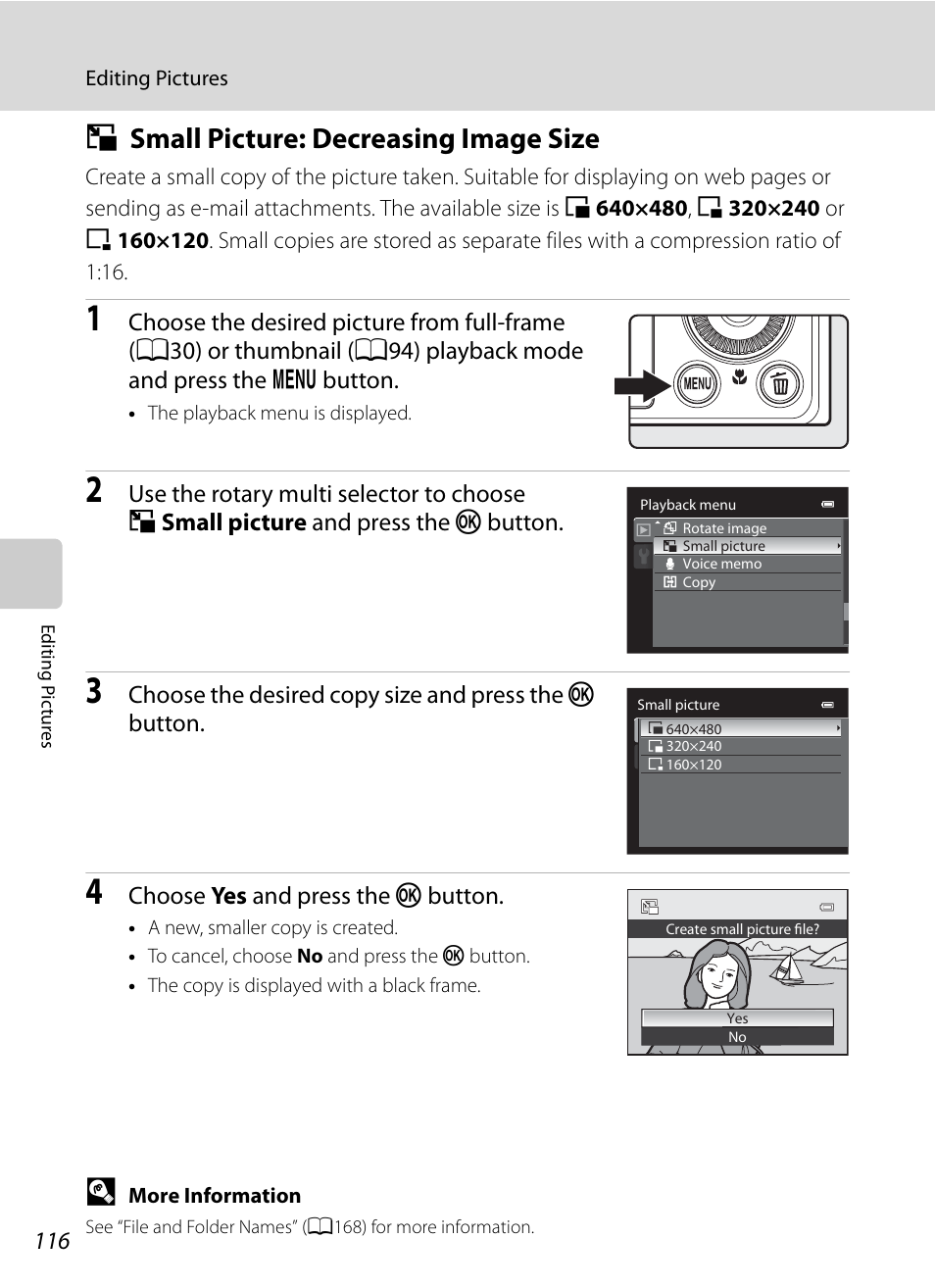 Small picture: decreasing image size, G small picture: decreasing image size, A116 | A116) | Nikon Coolpix P300 User Manual | Page 128 / 200