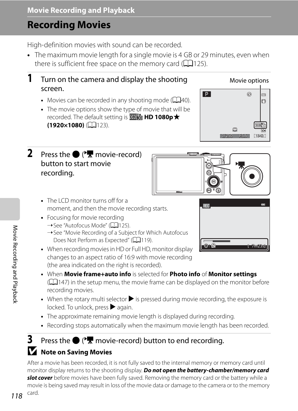 Movie recording and playback, Recording movies, A118, 1 | Turn on the camera and display the shooting screen | Nikon Coolpix P300 User Manual | Page 130 / 200