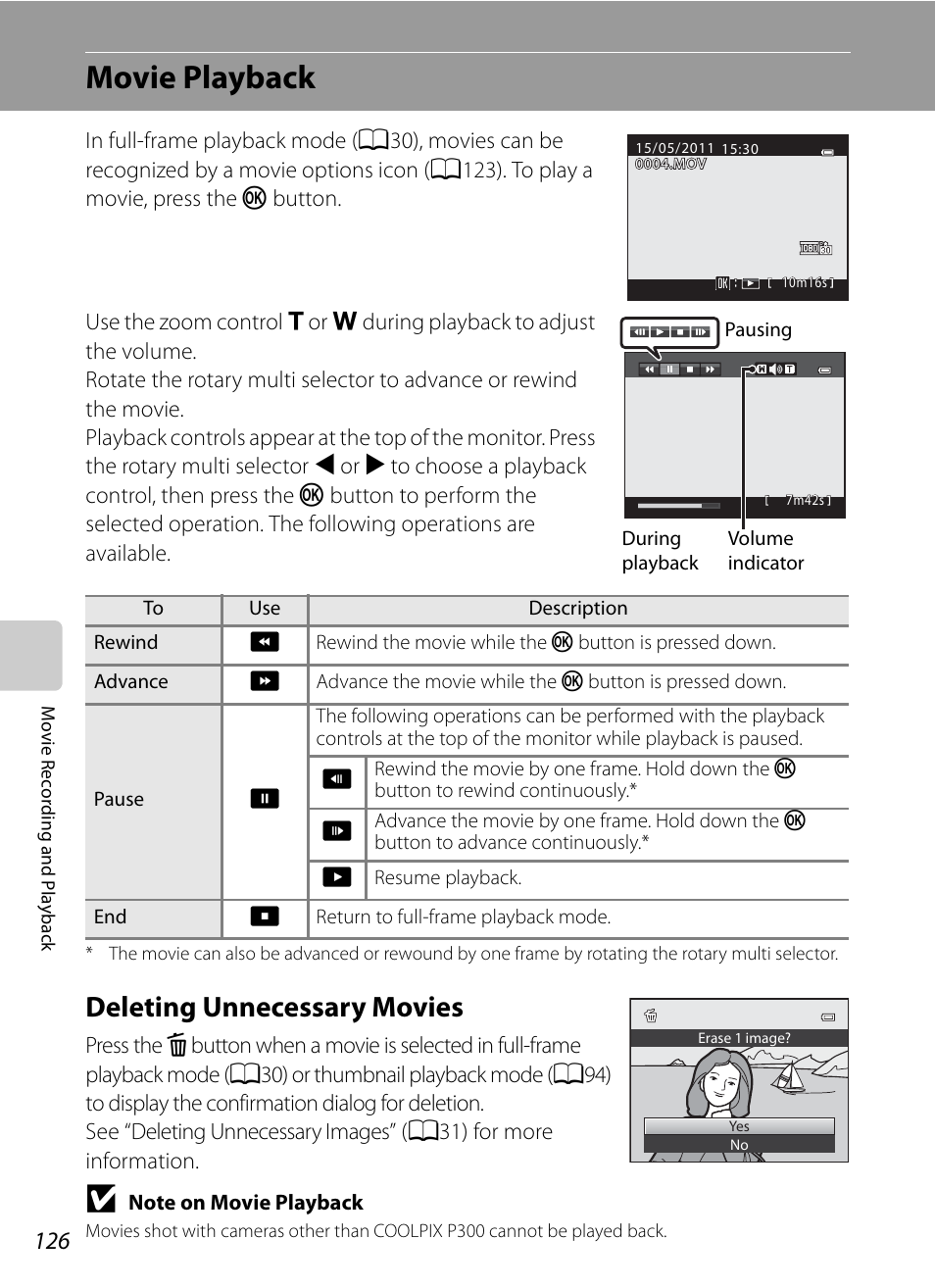 Movie playback, Deleting unnecessary movies, A126) | Nikon Coolpix P300 User Manual | Page 138 / 200