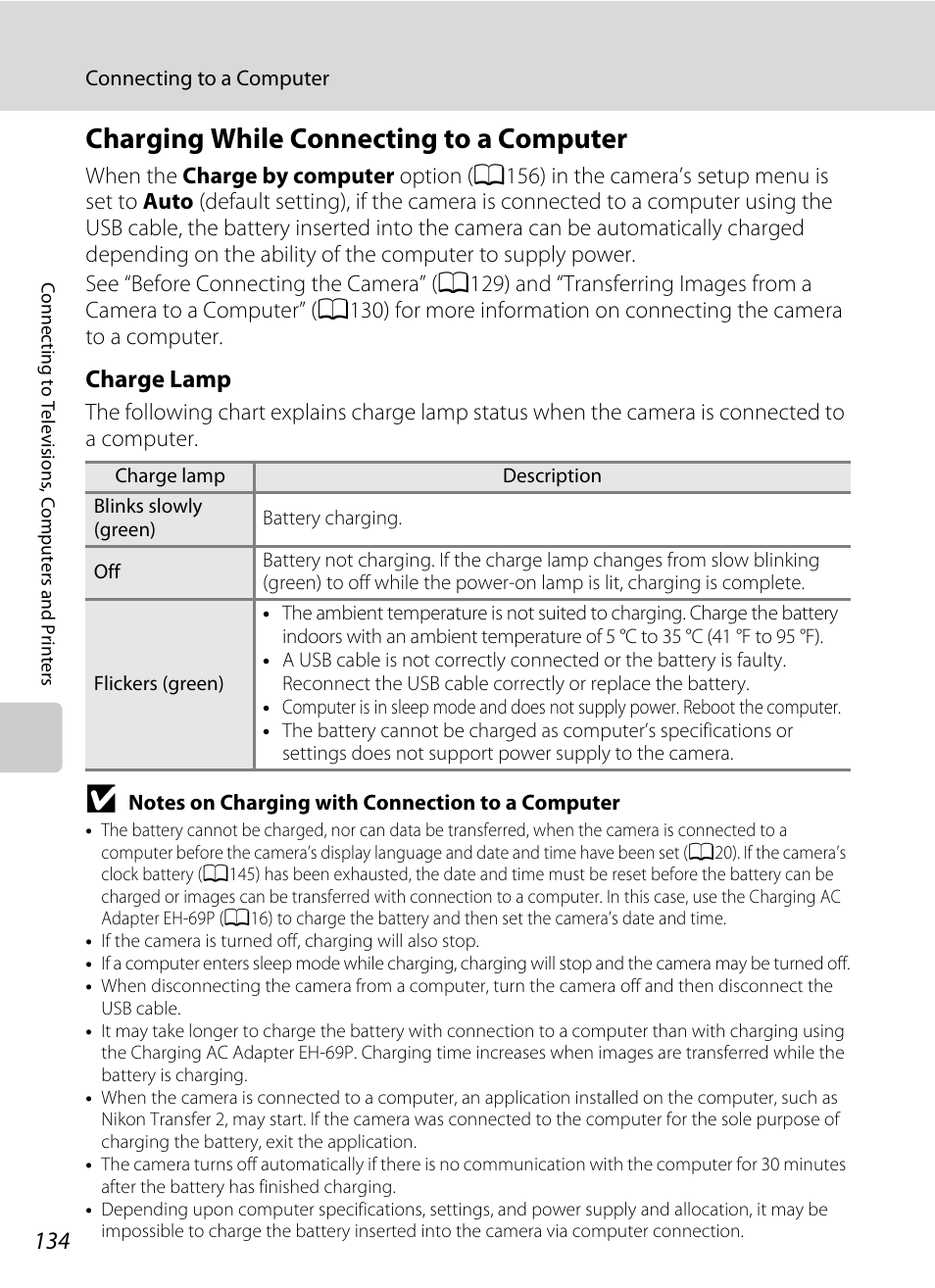 Charging while connecting to a computer, A134, 156), Charge lamp | Nikon Coolpix P300 User Manual | Page 146 / 200