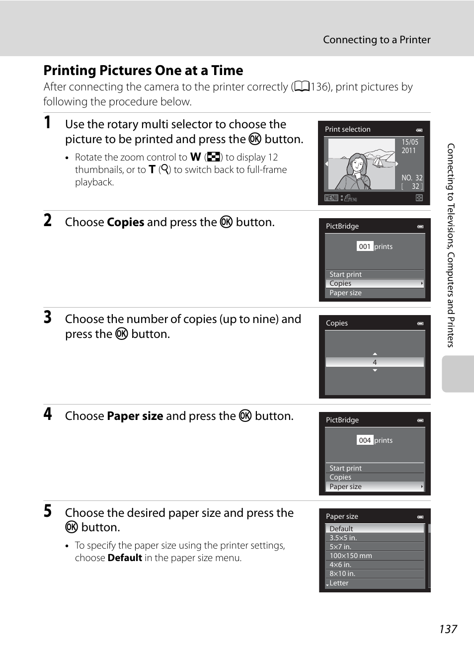 Printing pictures one at a time, A137), Choose copies and press the k button | Choose paper size and press the k button | Nikon Coolpix P300 User Manual | Page 149 / 200