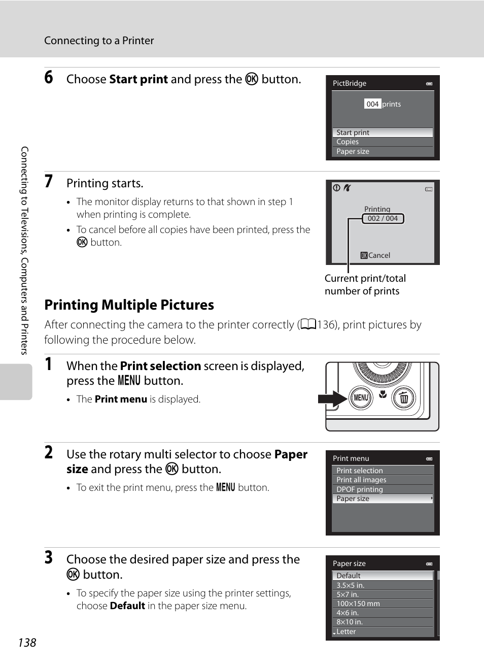 Printing multiple pictures, A138), Choose start print and press the k button | Printing starts | Nikon Coolpix P300 User Manual | Page 150 / 200