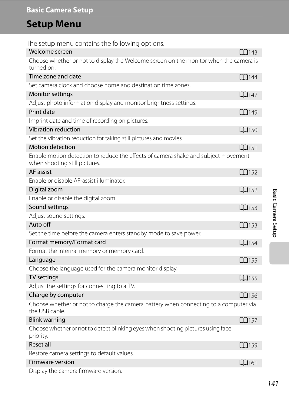 Basic camera setup, Setup menu, A141) | A141) f, A141, Tup menu (a141) | Nikon Coolpix P300 User Manual | Page 153 / 200