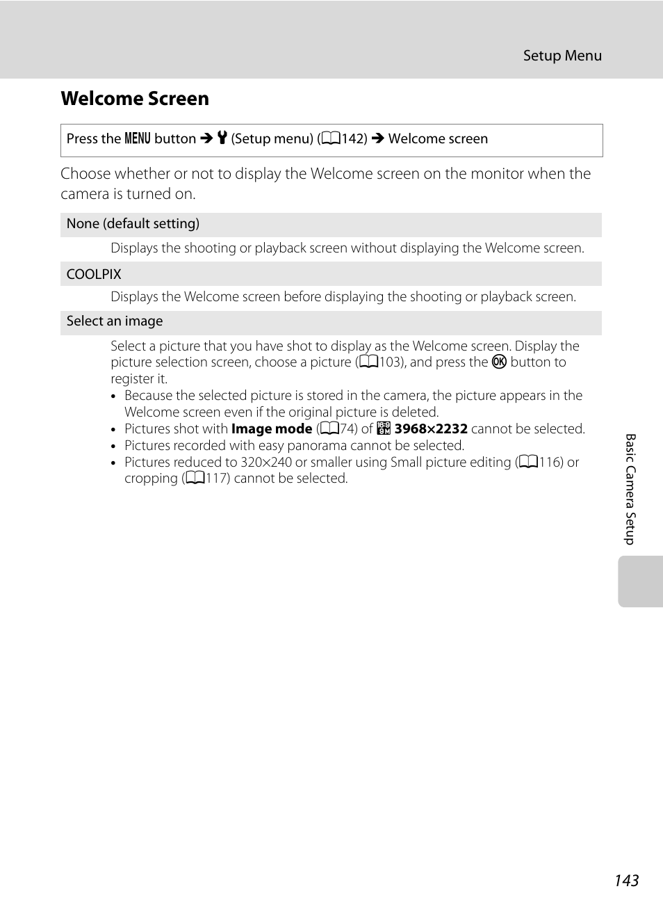 Welcome screen, A143), A143 | Nikon Coolpix P300 User Manual | Page 155 / 200