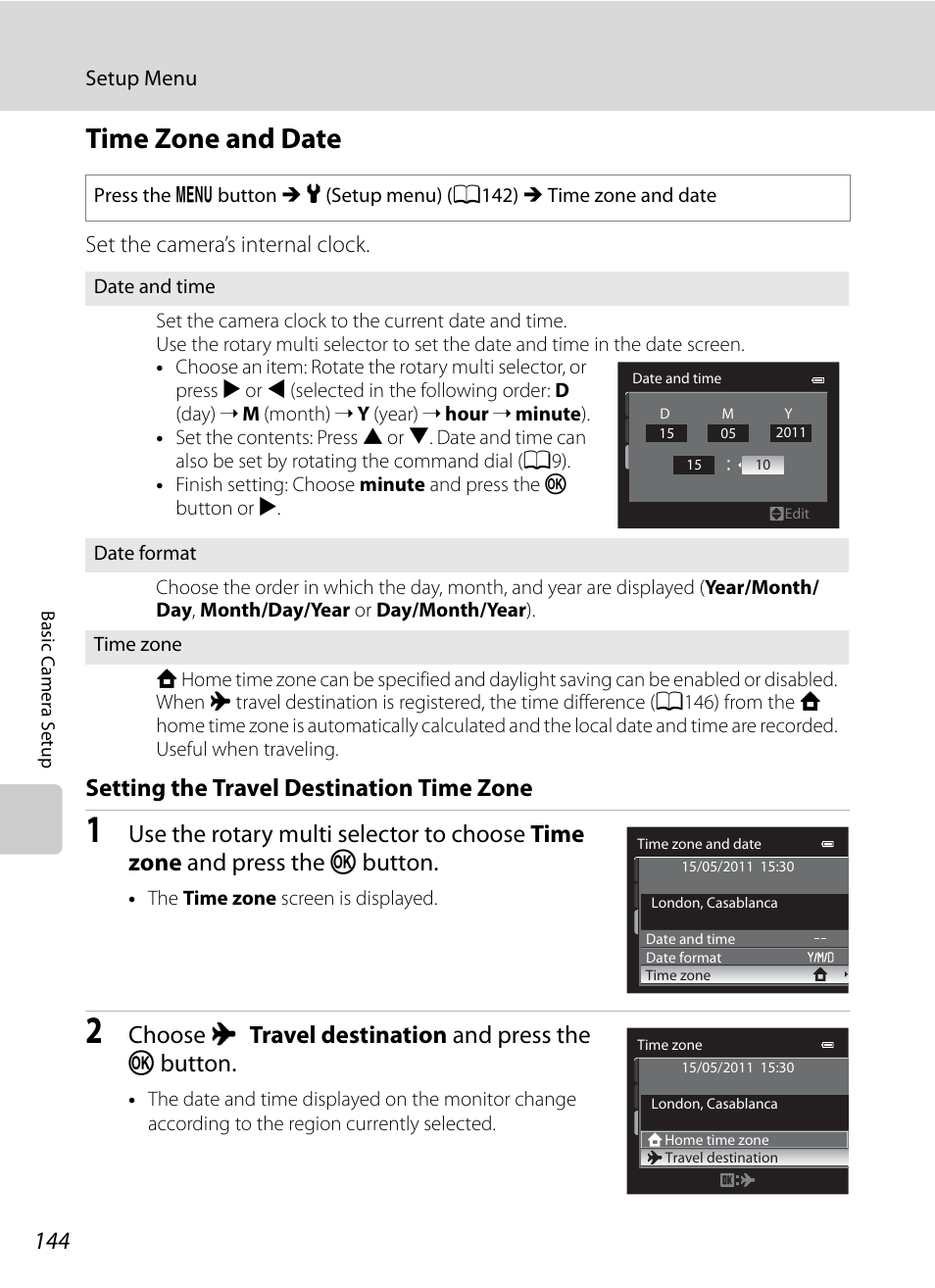 Time zone and date, A144) in, A144 | Setting the travel destination time zone, Choose x travel destination and press the k button | Nikon Coolpix P300 User Manual | Page 156 / 200