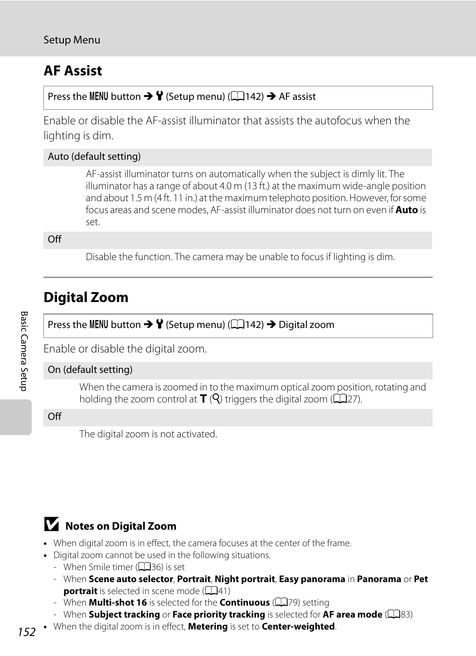 Af assist, Digital zoom, Af assist digital zoom | A152), A152) does not light, E “notes on digital zoom, A152) f, A152 | Nikon Coolpix P300 User Manual | Page 164 / 200