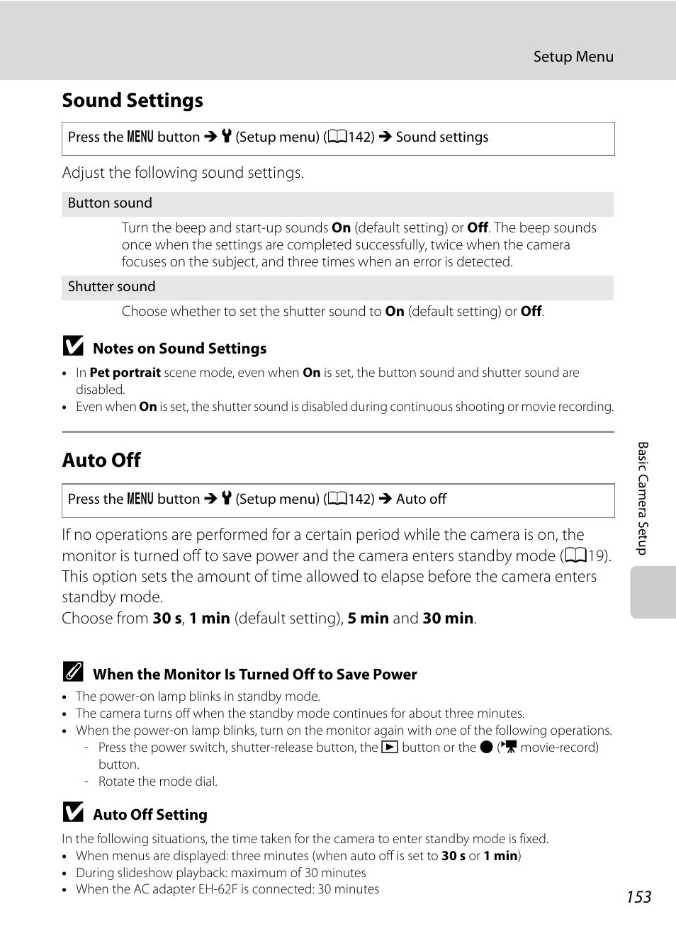 Sound settings, Auto off, Sound settings auto off | A153), Tion, A153) tr, A153 | Nikon Coolpix P300 User Manual | Page 165 / 200