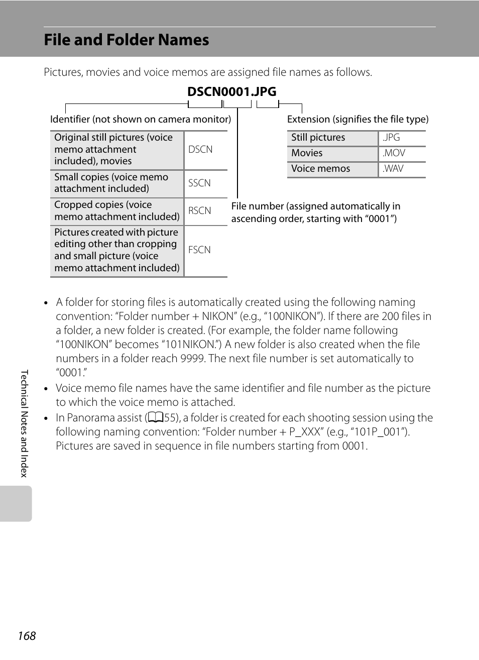 File and folder names, A168), A168) f | Ee “file and folder names, A168) fo, Dscn0001.jpg | Nikon Coolpix P300 User Manual | Page 180 / 200