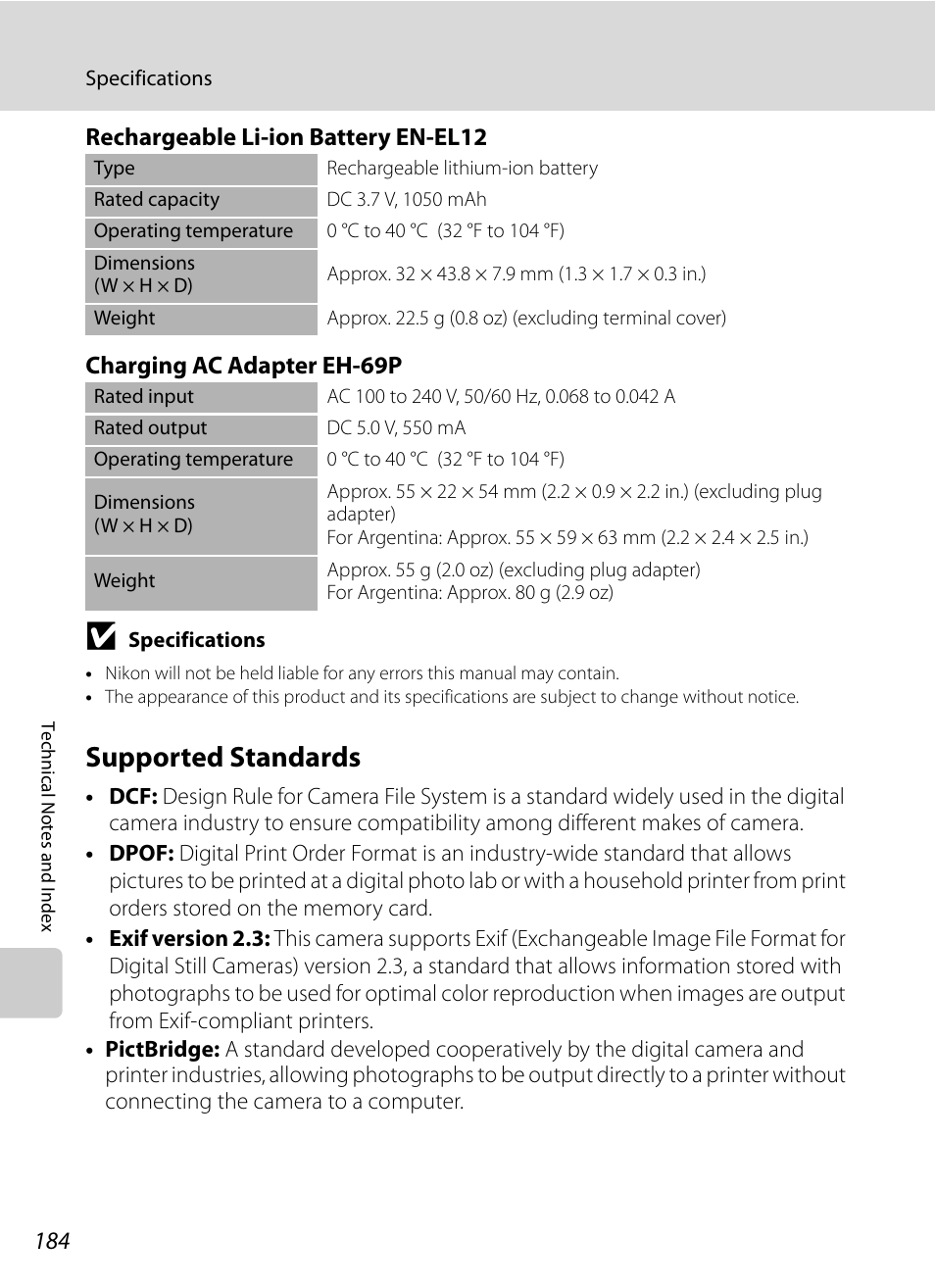 Supported standards, Ompatible, A184) pr | A184) | Nikon Coolpix P300 User Manual | Page 196 / 200