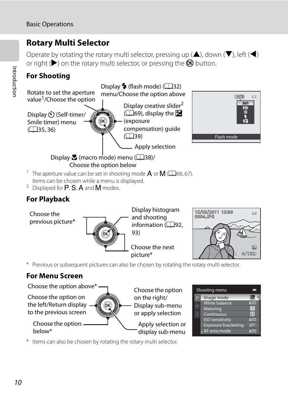 Rotary multi selector, For shooting, For playback | For menu screen | Nikon Coolpix P300 User Manual | Page 22 / 200