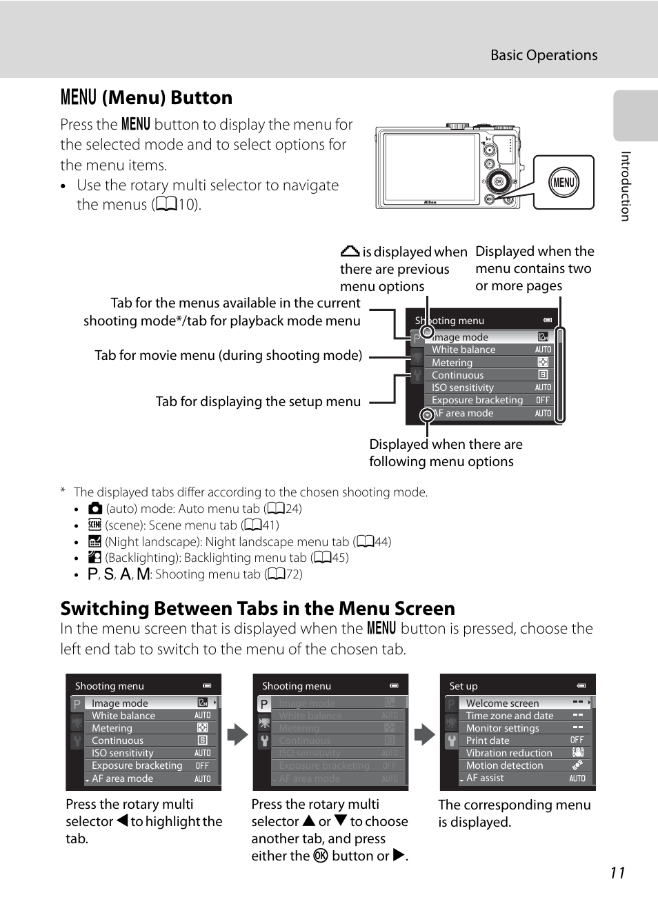 Menu button, Switching between tabs in the menu screen, D (menu) button | Nikon Coolpix P300 User Manual | Page 23 / 200