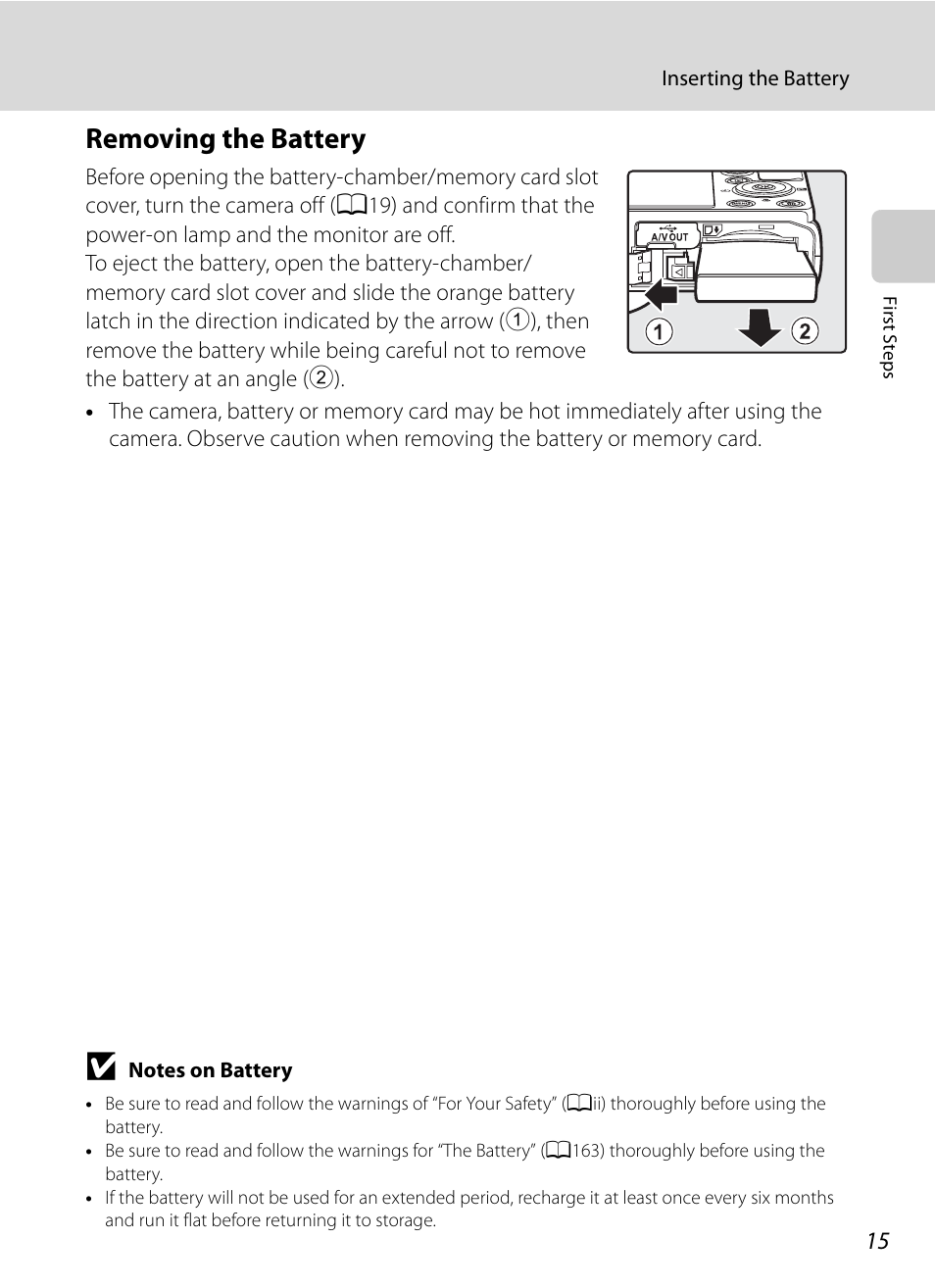 Removing the battery | Nikon Coolpix P300 User Manual | Page 27 / 200