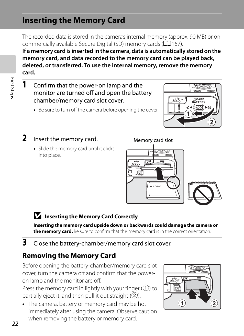 Inserting the memory card, Removing the memory card | Nikon Coolpix P300 User Manual | Page 34 / 200