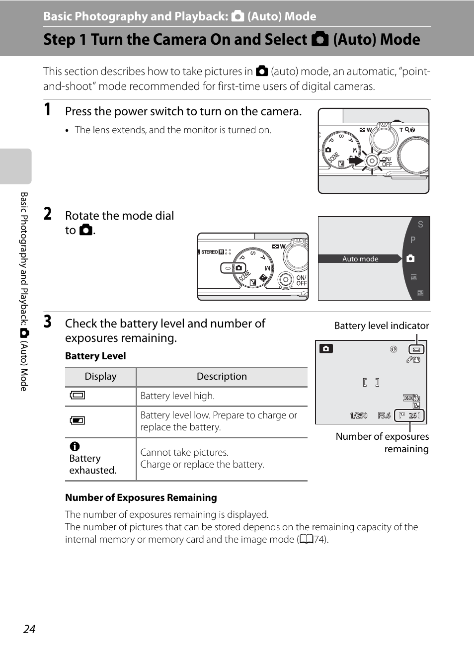 Basic photography and playback: auto mode, Step 1 turn the camera on and select auto mode, Basic photography and playback: a (auto) mode | Step 1 turn the camera on and select a (auto) mode, Press the power switch to turn on the camera, Rotate the mode dial to a | Nikon Coolpix P300 User Manual | Page 36 / 200