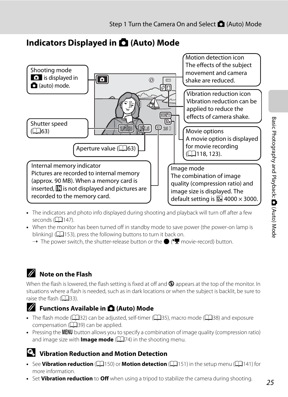 Indicators displayed in auto mode, Indicators displayed in a (auto) mode | Nikon Coolpix P300 User Manual | Page 37 / 200