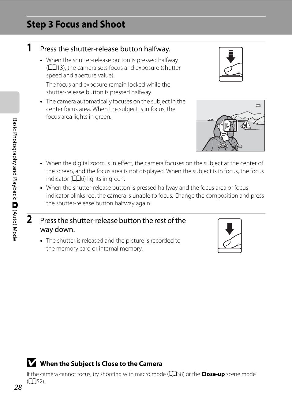 Step 3 focus and shoot, Press the shutter-release button halfway | Nikon Coolpix P300 User Manual | Page 40 / 200