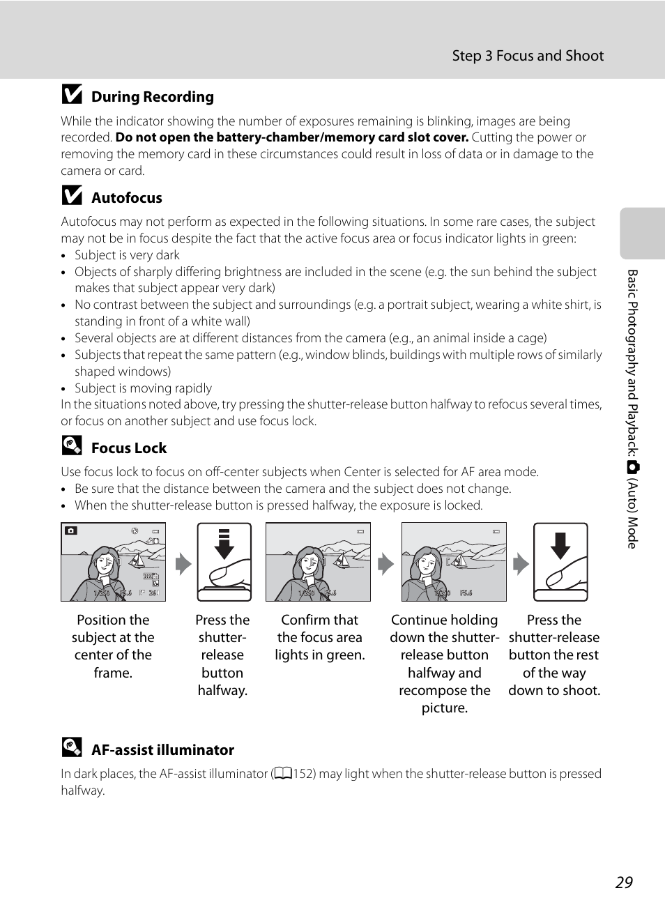 Step 3 focus and shoot, During recording, Autofocus | Focus lock, Af-assist illuminator | Nikon Coolpix P300 User Manual | Page 41 / 200